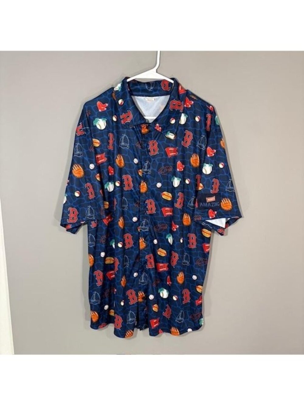 Boston Red Sox Shirt Mens XL Blue Allover Print Short Sleeve Button Up Baseball